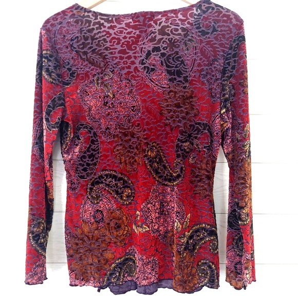 Carole Little Blouse Long Sleeve Top Medium Textured Sheer Colorful Velvety - Picture 6 of 12